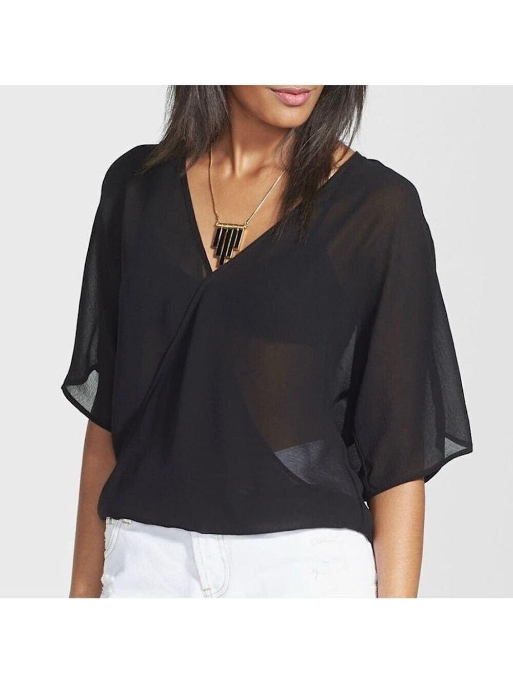 WAYF Sheer Faux Wrap Top